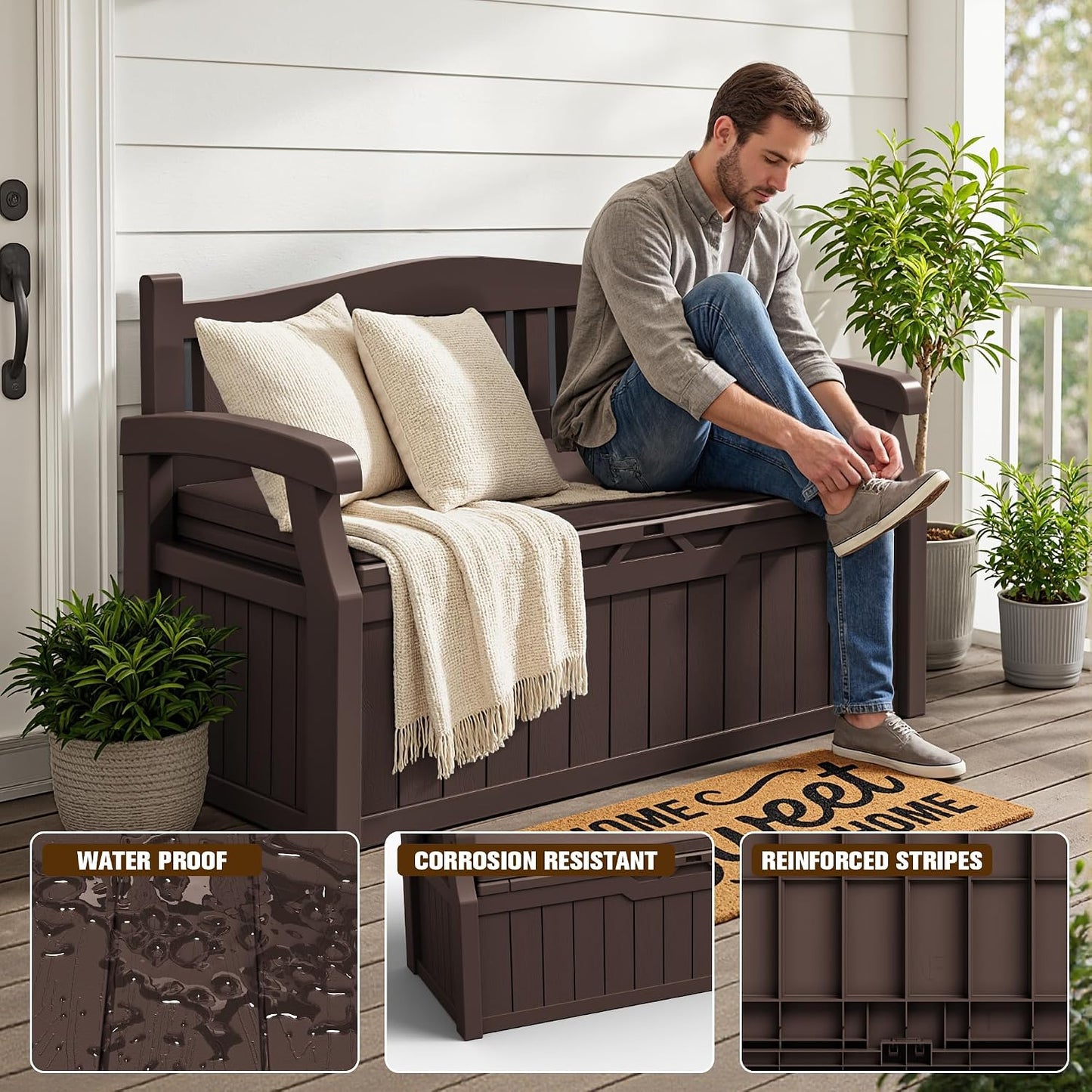 JUMMICO 80 Gallon Resin Outdoor Storage Bench, Large Deck Box with Armrest, Lockable&Waterproof for Garden, Home, Patio, Pools (Black, 80 Gallon)
