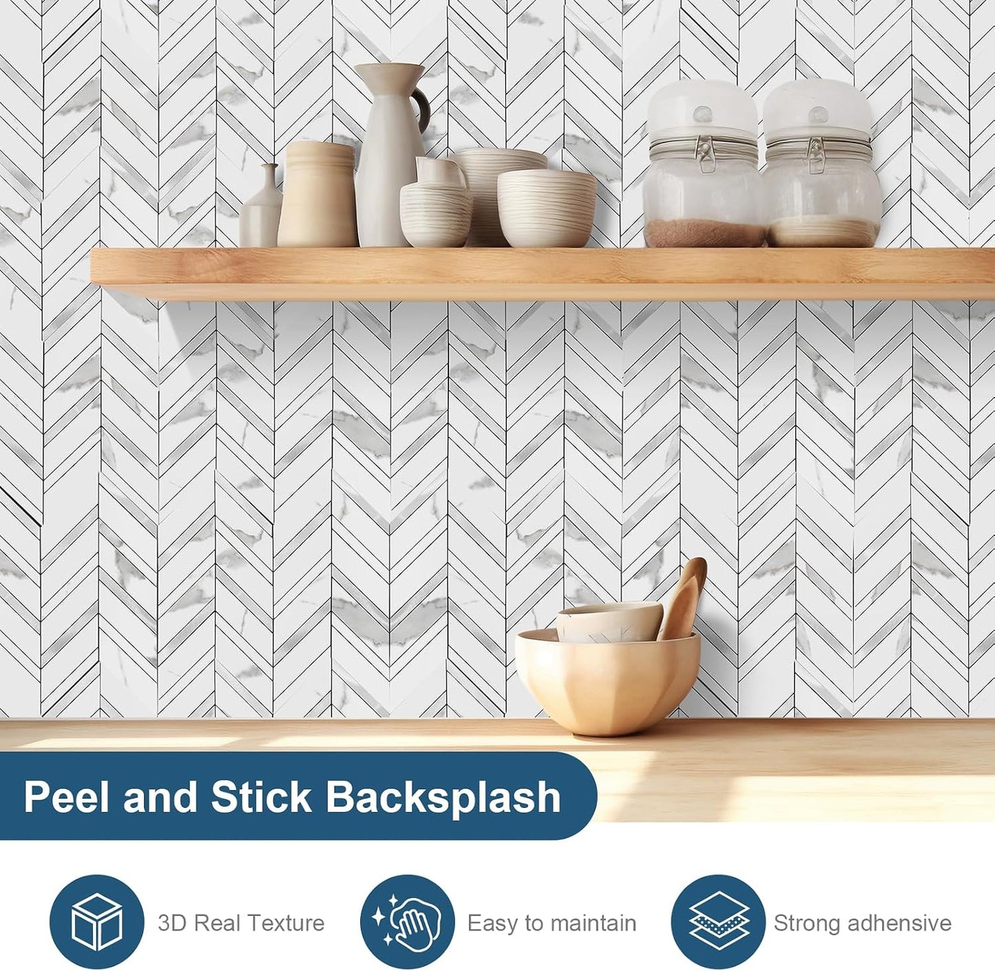 Yipscazo 10-Sheet Herringbone Backsplash Peel and Stick Tile, Polished White PVC Stick on Backsplash for Kitchen, Waterproof Self Adhesive Wall Tile for Bathroom