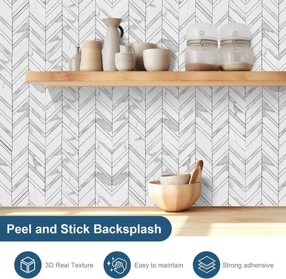Yipscazo 10-Sheet Herringbone Backsplash Peel and Stick Tile, Polished White PVC Stick on Backsplash for Kitchen, Waterproof Self Adhesive Wall Tile for Bathroom
