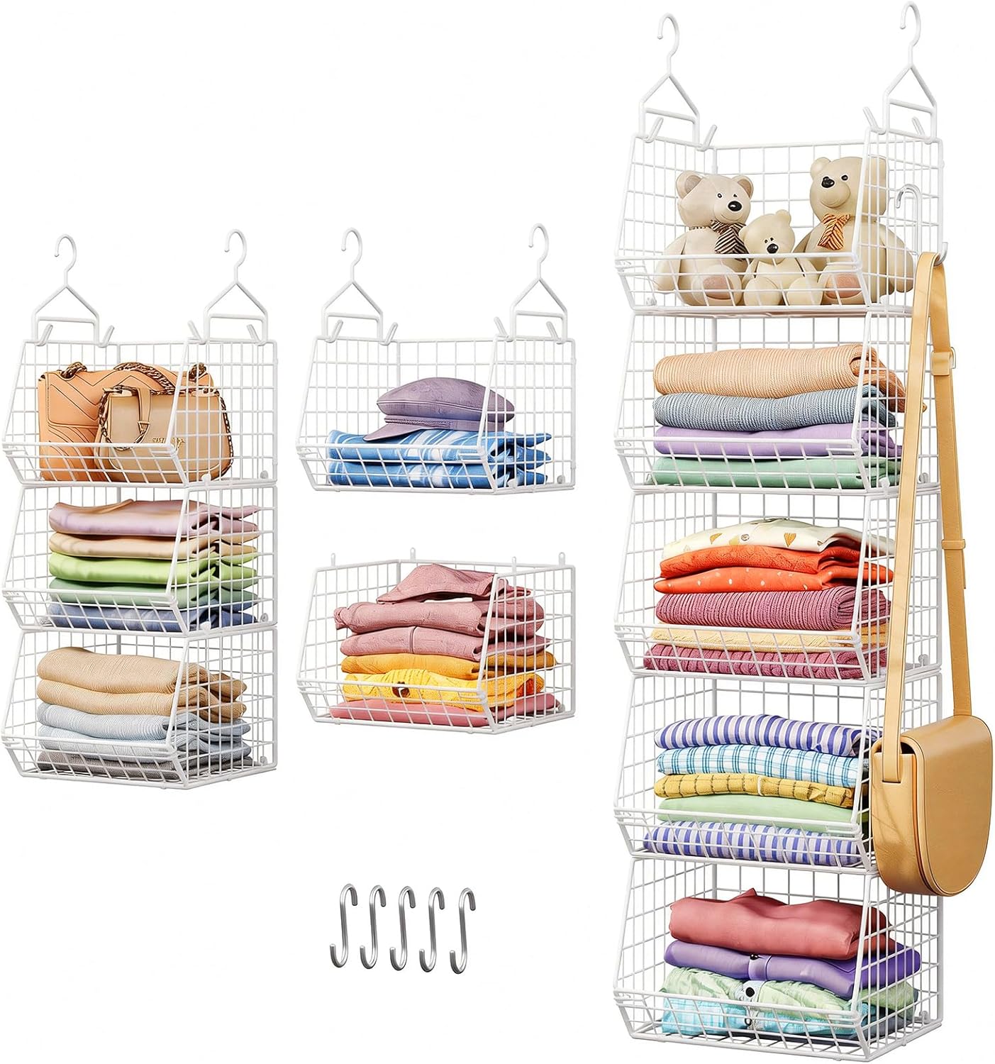 X-cosrack 5 Tier Closet Hanging Organizer, Clothes Hanging Shelves with 4 Hanging Hooks 5 S Hooks, Wire Storage Basket Bins, for Clothing Sweaters Shoes Handbags Clutches Accessories Patent Design
