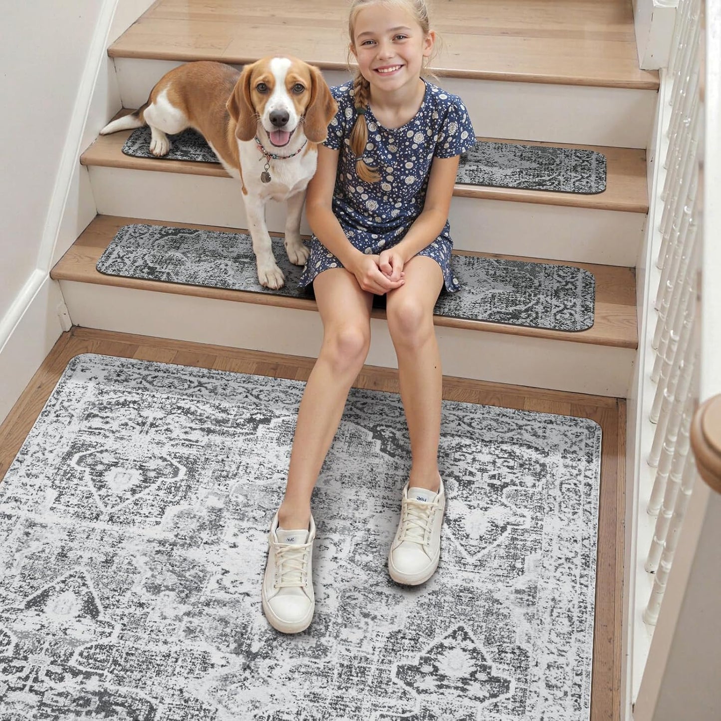 OJIA Non-Slip Carpet Stair Treads for Wooden Steps Set of 15, 30''X8'' Indoor Runner Resistant Rugs Rubber Safety Mats for Dogs, Kids & Elders, Stairway Grip