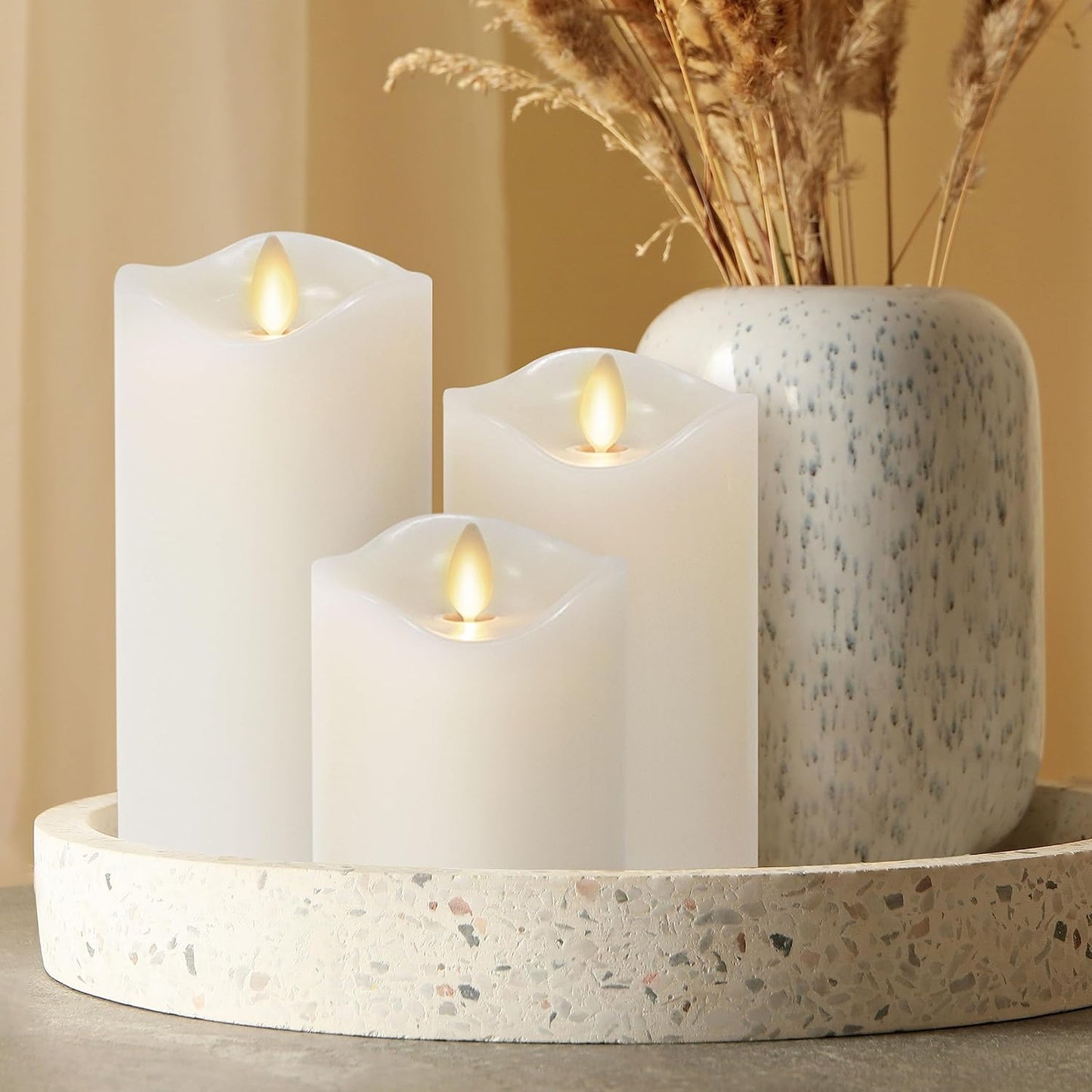 Matchless Candle Co. by Luminara Set of 3 Flameless LED Flickering Moving Flame Pillars (3" x 4.5", 5.5", 6.5"), Melted Unscented Real Wax Edge w/Smooth Finish, AA Battery Operated, Pearl Ivory