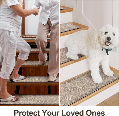 Tiveney Stair Treads Non Slip 15PCS 8"x30" Stair Runner, Rubber Backing Carpet Stair Treads for Wooden Steps, Washable Safety Carpet for Stairs Khaki Indoor Staircase Step Treads for Kids Elder Dogs