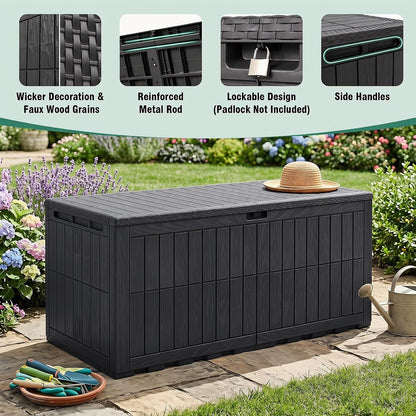 Tangkula 25 Gallon Waterproof Outdoor Storage Box with Lockable Lid | PP Resin, Wicker Patterned, Indoor Outdoor Use, Portable, Versatility, for Deck, Pool, Patio Cushions, Garden Tools