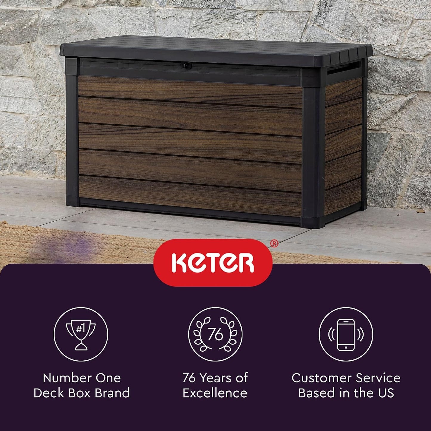 Keter Signature Everwood 30 Gallon Resin Outdoor Storage Box and Patio Furniture Side Table for Pool and Garden Accessories, Walnut