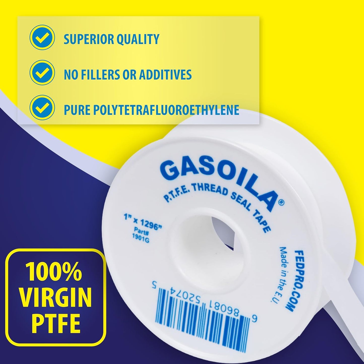 Gasoila PTFE Thread Seal Tape – Professional-Grade, 3/4 Inch x 520 Inch, Low-Density Thread Tape for Plumbing and Water Pipes – Leak-Proof Seal, Non-Toxic