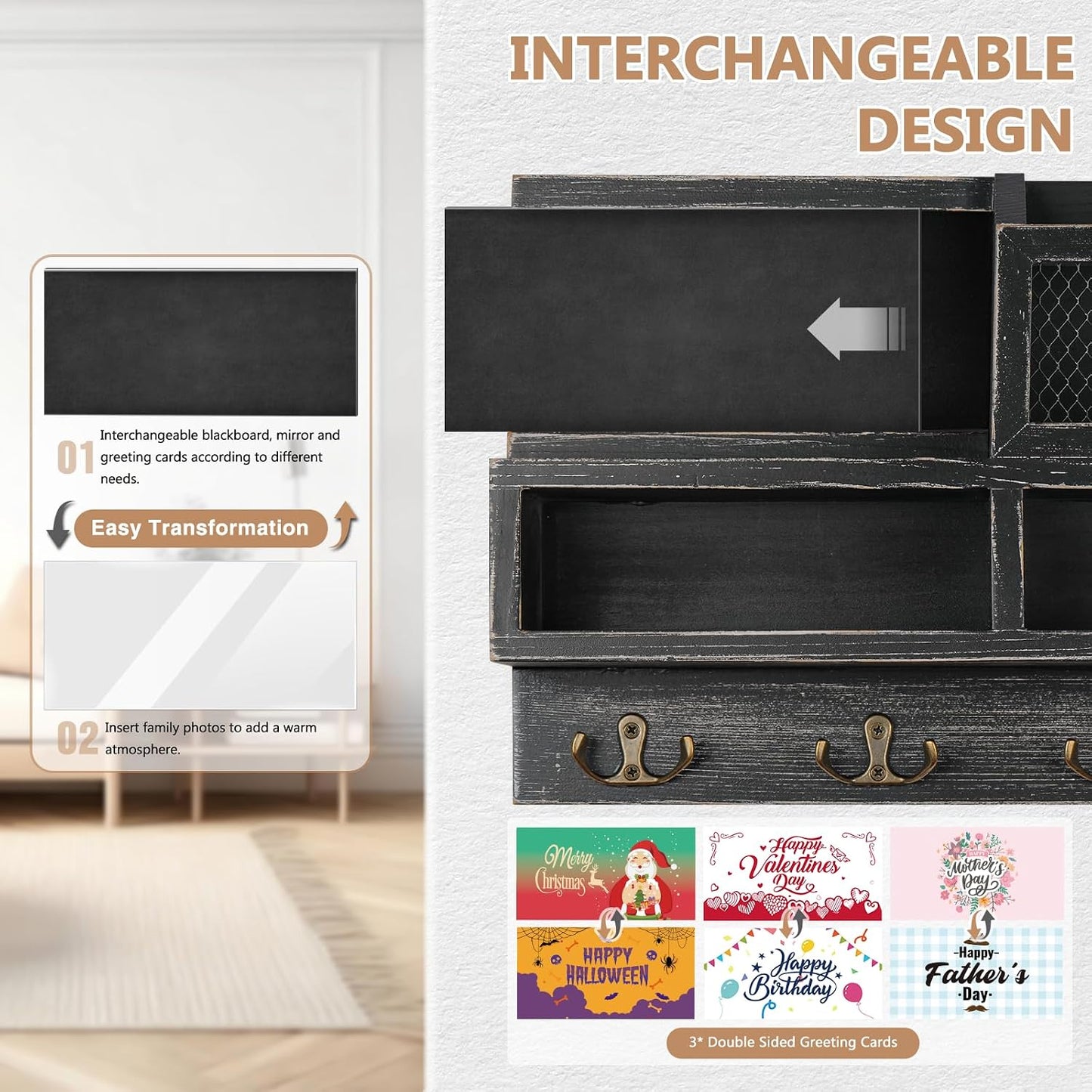 Key Holder Wall Mount, Wooden Mail and Key Organizer with Chalkboard and Mirror, 3 Greeting Cards, 8 Hooks, Brown