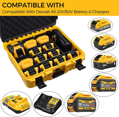 Case for Dewalt Battery – Waterproof Extra Large Hard Storage Box with 8 Adjustable One-Piece Molded Dividers, Heavy Duty Protective Organizer for Dewalt Battery and Charger