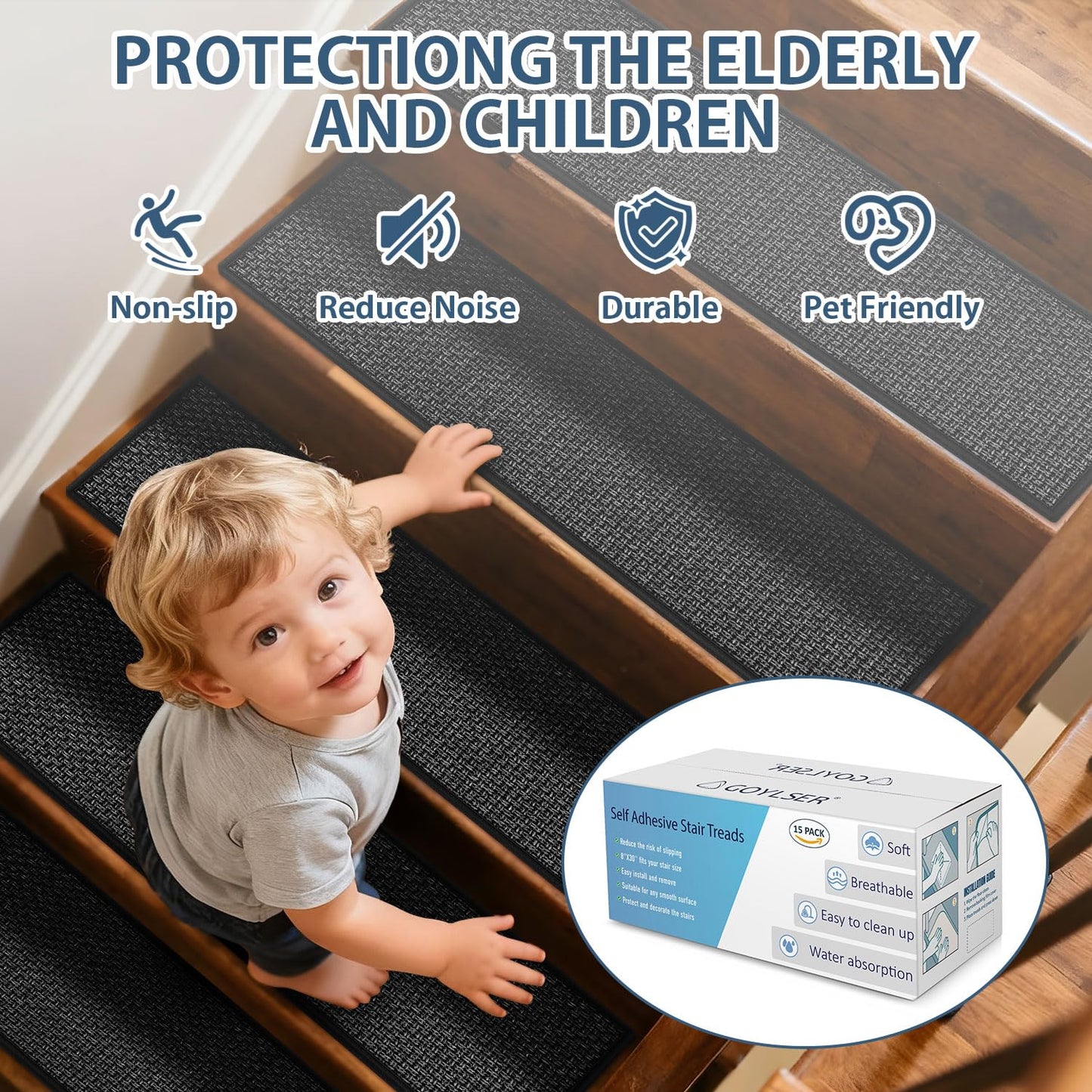 Peel and Stick Carpet Stair Treads for Wooden Steps Set of 15, Non Slip Adhesive Jute Stair Mats Indoor, Rubber Backing Safety Step Pads Mats, Grey, 8"x30"