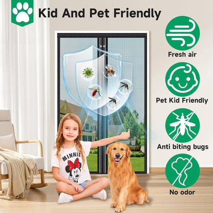 HOFUDON Upgraded Magnetic Screen Door Mesh, Full Strip Magnets, Heavy Duty Fiberglass Mesh, Door Screen Magnetic Closure for Single Door Size 32 x 80 Inch, Screen Door Size 35 x 82 Inch Black