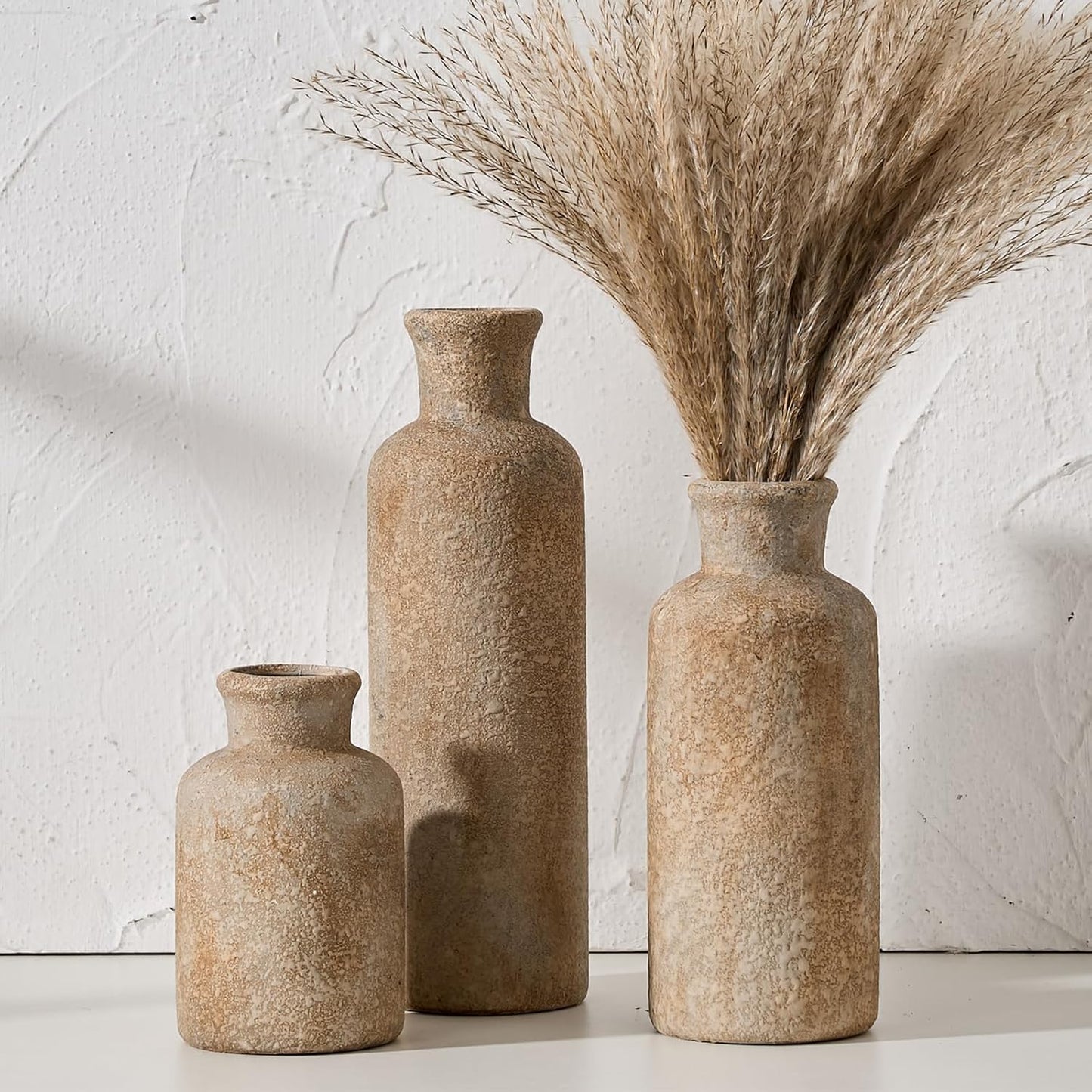 LUKA Ceramic Rustic Farmhouse Vase,Terracotta Vases for Decor,Vase Set of 3,Vases for Your Bedroom,Office,Living Room,Fireplace,Bookshelf Decor,Housewarming 10+7.5+5 Inch