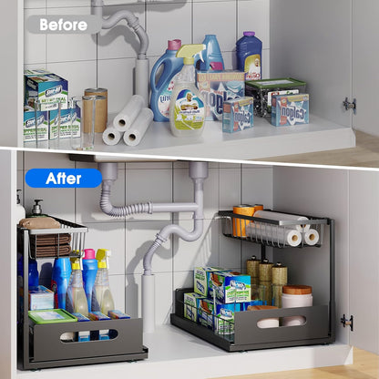 Under Sink Organizer, 2 Tier Pull-Out Cabinet Storage Shelf, Rust-Resistant Metal Organizer for Kitchen Bathroom Laundry Room, No Tools Installation, 1 Pack Black
