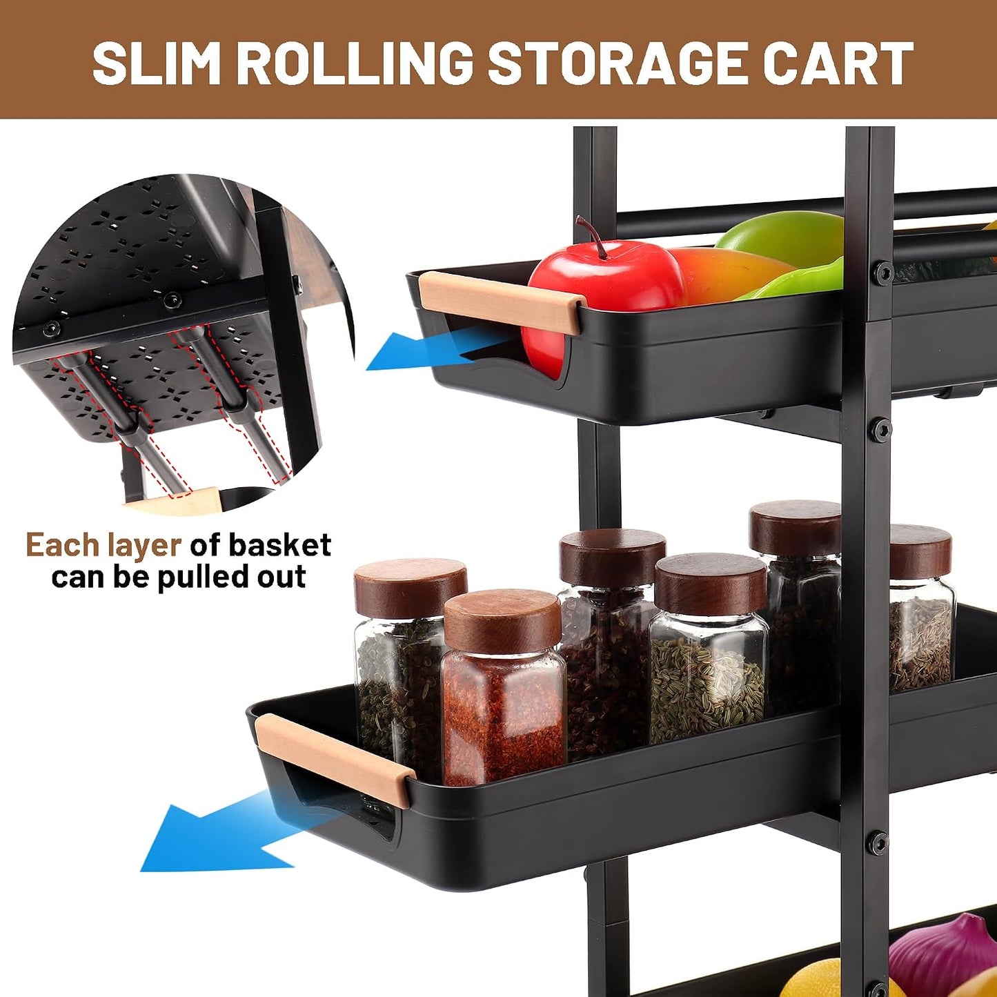 Slim Storage Cart, 5-Tier Narrow Rolling Kitchen Laundry Room Cart with Drawer and Wheels, Metal Utility Cart Slide Out Organizer for Small Spaces (White)