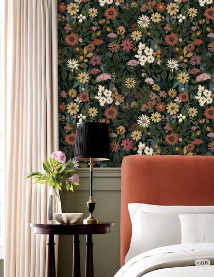 Wallpaper Peel and Stick Boho Wall Paper Removable Waterproof Green Floral Contact Paper for Bedroom, Bathroom,Bathroom, Home Wall 17.3" x 118"