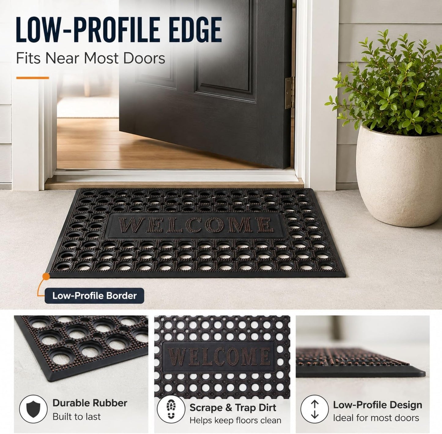 ROOM127 Outdoor Doormat 28.3 x 17.3 in, Rubber Scraper Entry Mat | Heavy Duty 3-Zone Cleaning, Absorbent Strips, Open Drainage, Non Slip Low Profile for Front Door, Patio, Garage & Mudroom