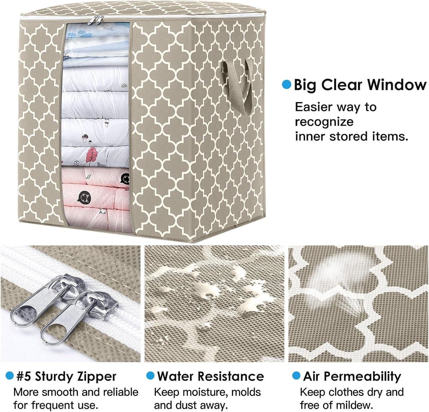 WISELIFE Storage Bags 3 Pack/100L Large Blanket Clothes Organization and Storage Containers for Comforters,Bedding, Foldable Organizer with Reinforced Handle, Clear Window, Sturdy Zippers,Gray