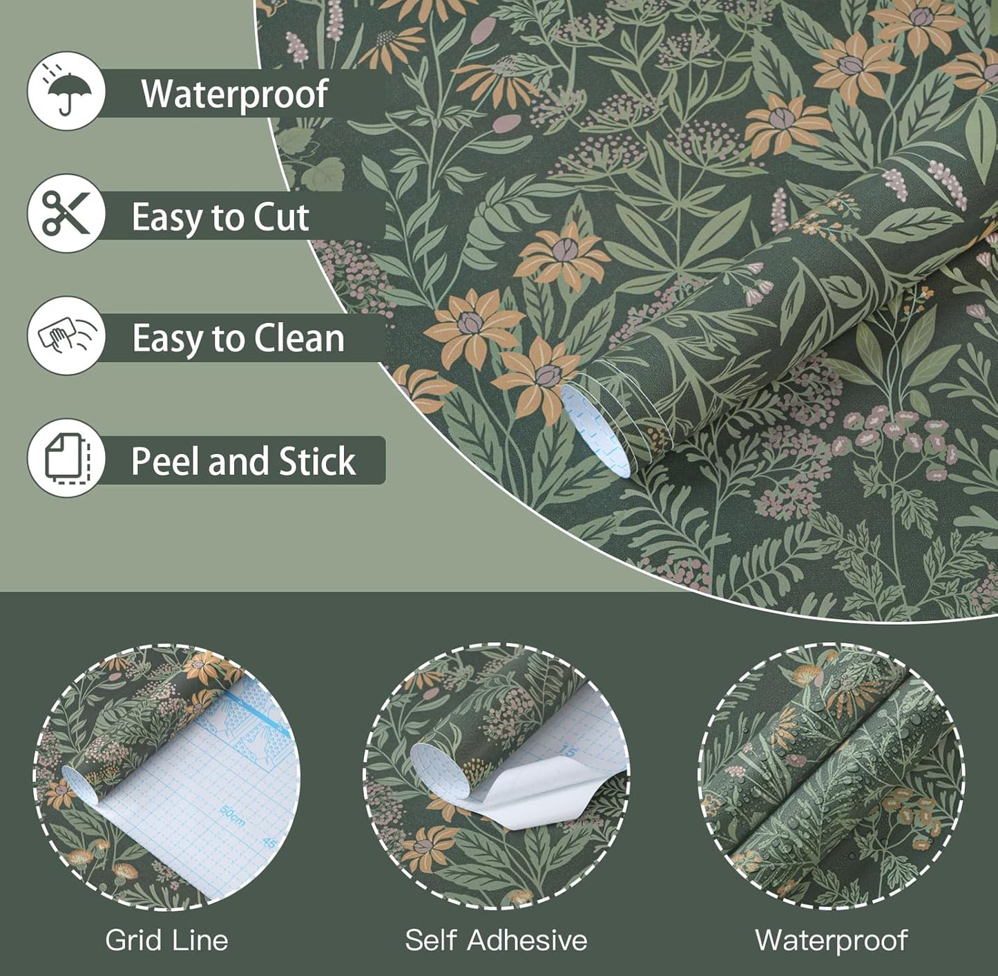 Safiyya Peel and Stick Wallpaper Floral Green and White Leaf Contact Paper for Cabinets 17.3"x 78.7" Self Adhesive Removable Wallpaper for Bathroom Renter Friendly Wall Paper Vinyl Roll