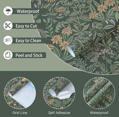 Safiyya Peel and Stick Wallpaper Floral Green and White Leaf Contact Paper for Cabinets 17.3"x 78.7" Self Adhesive Removable Wallpaper for Bathroom Renter Friendly Wall Paper Vinyl Roll