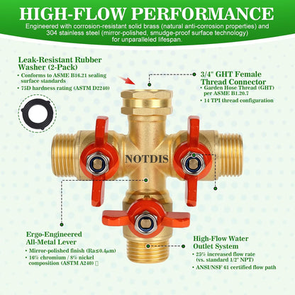 Hose Splitter 2 Way Heavy Duty Brass Garden Hose Splitter with 304 Stainless Steel Long Handle Outdoor Full Flow Hose Splitter Connector,Y Valve 3/4 Inch GHT Thread