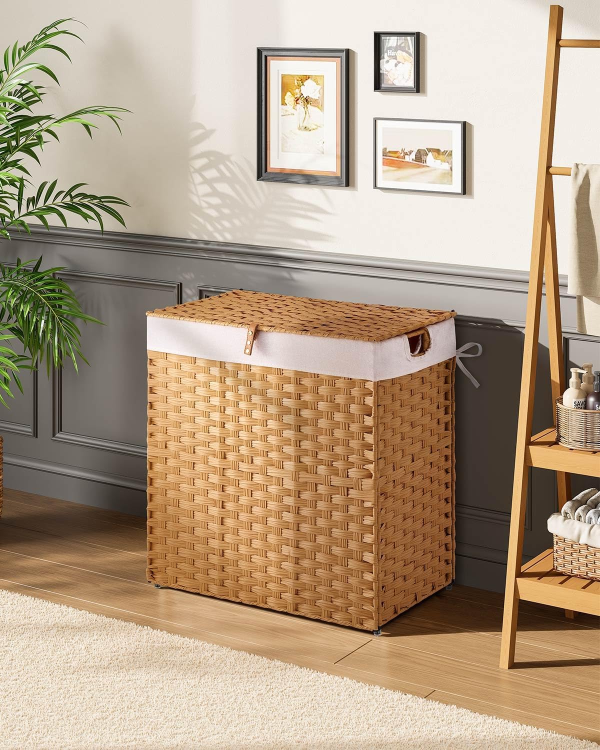 Greenstell Laundry Hamper with 2 Removable Liner Bags, Foldable Divided Clothes Hamper, 90L Handwoven Rattan Laundry Basket with Lid and Handles, No Assembly Needed, 18.3x13.3x24 Inches, Black