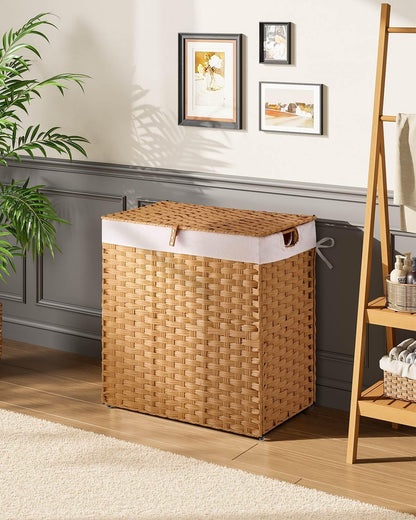 Greenstell Laundry Hamper with 2 Removable Liner Bags, Foldable Divided Clothes Hamper, 90L Handwoven Rattan Laundry Basket with Lid and Handles, No Assembly Needed, 18.3x13.3x24 Inches, Black