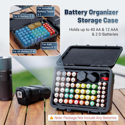 Hard Shell Battery Organizer Holder with Small Battery Tester, IP68 Waterproof Multi 82 Slots Batteries Vault Case for 40 AA & 12 AAA & 12 CR2032 CR2025 & 18 LR44 Button Cell/2 D Size Batteries Case