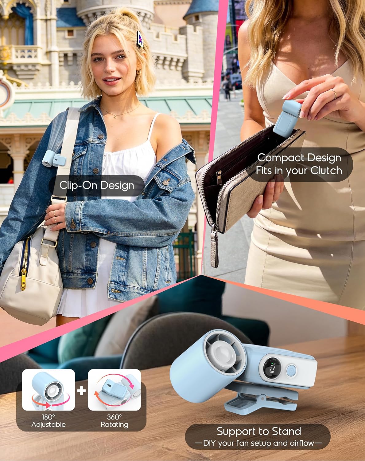 Portable Clip-On Mini Fan, Hands-Free, Turbo Personal Handheld Fans Rechargeable w/ 4 Wind & LED Display, Pocket Size Summer Cooling Essentials for Travel/Eye Lash/Beach/Concert, Gifts for Women(Pink)