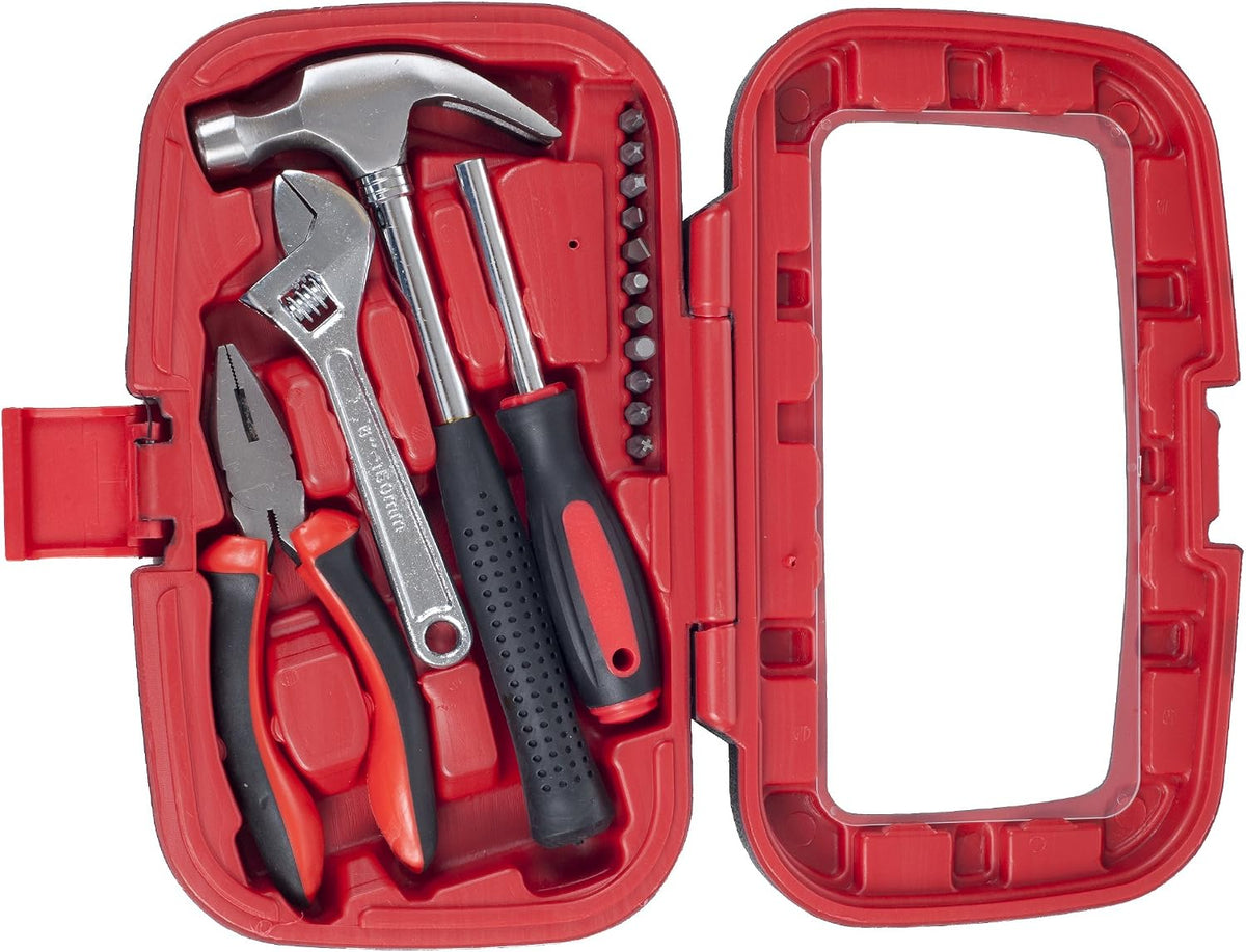 15-Piece Tool Set - Household Tool Kit with Hammer, Multi-Bit Screwdriver Set, Pliers, Wrench- Tools and Equipment for DIY Projects by Stalwart (Red)