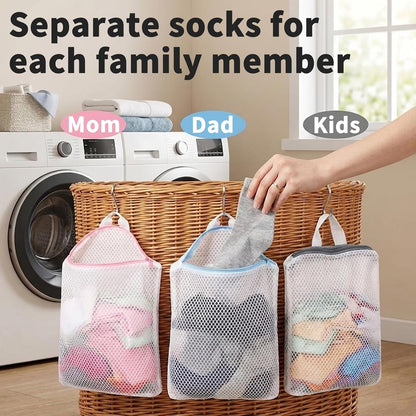 3Pcs Hanging Laundry Bags for Socks with S Hooks, 12 X 10 inch 3 Color Mesh Laundry Bags for Washing Machine