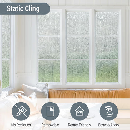 LUTE Reeded Glass Window Privacy Film, Frosted Glass Film, Removable 3D Decorative Decals Sun Blocking Anti UV Door Window Cover, No Glue Static Cling Vinyl for Bathroom Home Office, 17.5" x 78.7"