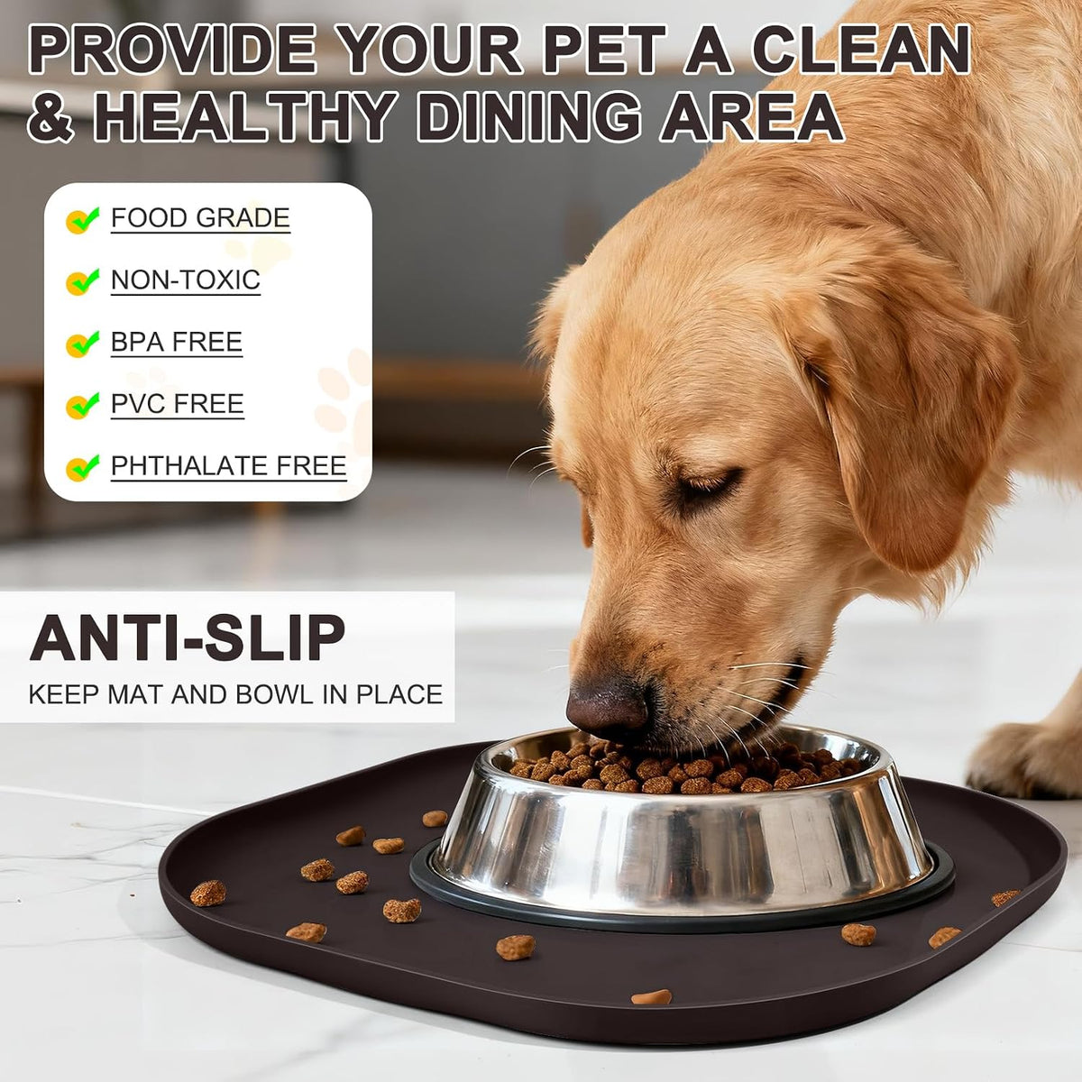 SMILOOL Silicone Pet Food Mat with Raised Edge for Food and Water Bowl, Dog Feeding Mats, Cat Food Trays for Floor Waterproof, Rubber Tray for Dogs and Cats, 19 x 12 x 0.7 Black