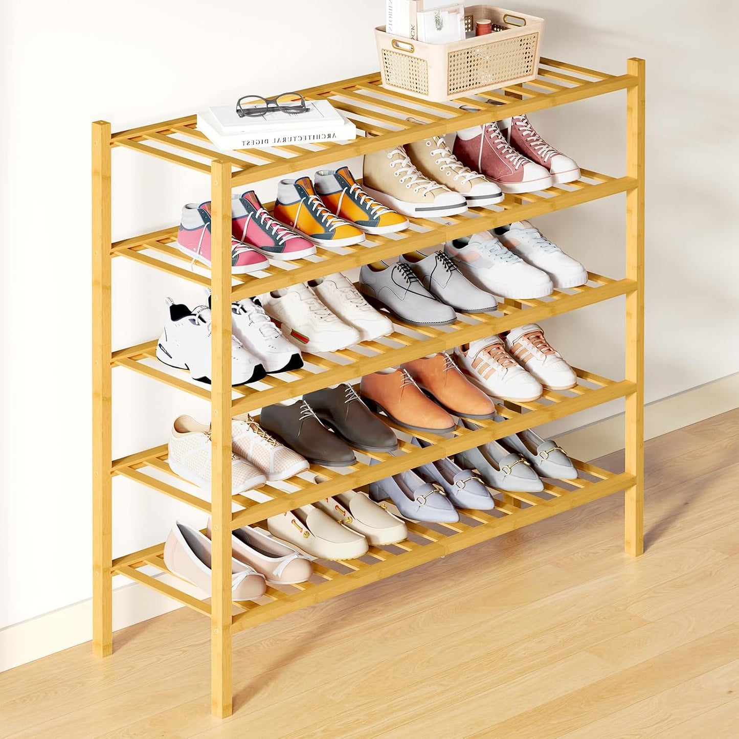 Smiry Bamboo Shoe Rack for Closet, 3 Tier Wooden Shoe Organizer, Stackable Wood Shoe Storage Shelf for Entryway, 14 Vertical Slats, One-piece Heavy-Duty Legs, 26.77"x11.02"x18.31", Natural