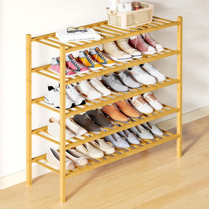 Smiry Bamboo Shoe Rack for Closet, 3 Tier Wooden Shoe Organizer, Stackable Wood Shoe Storage Shelf for Entryway, 14 Vertical Slats, One-piece Heavy-Duty Legs, 26.77"x11.02"x18.31", Natural