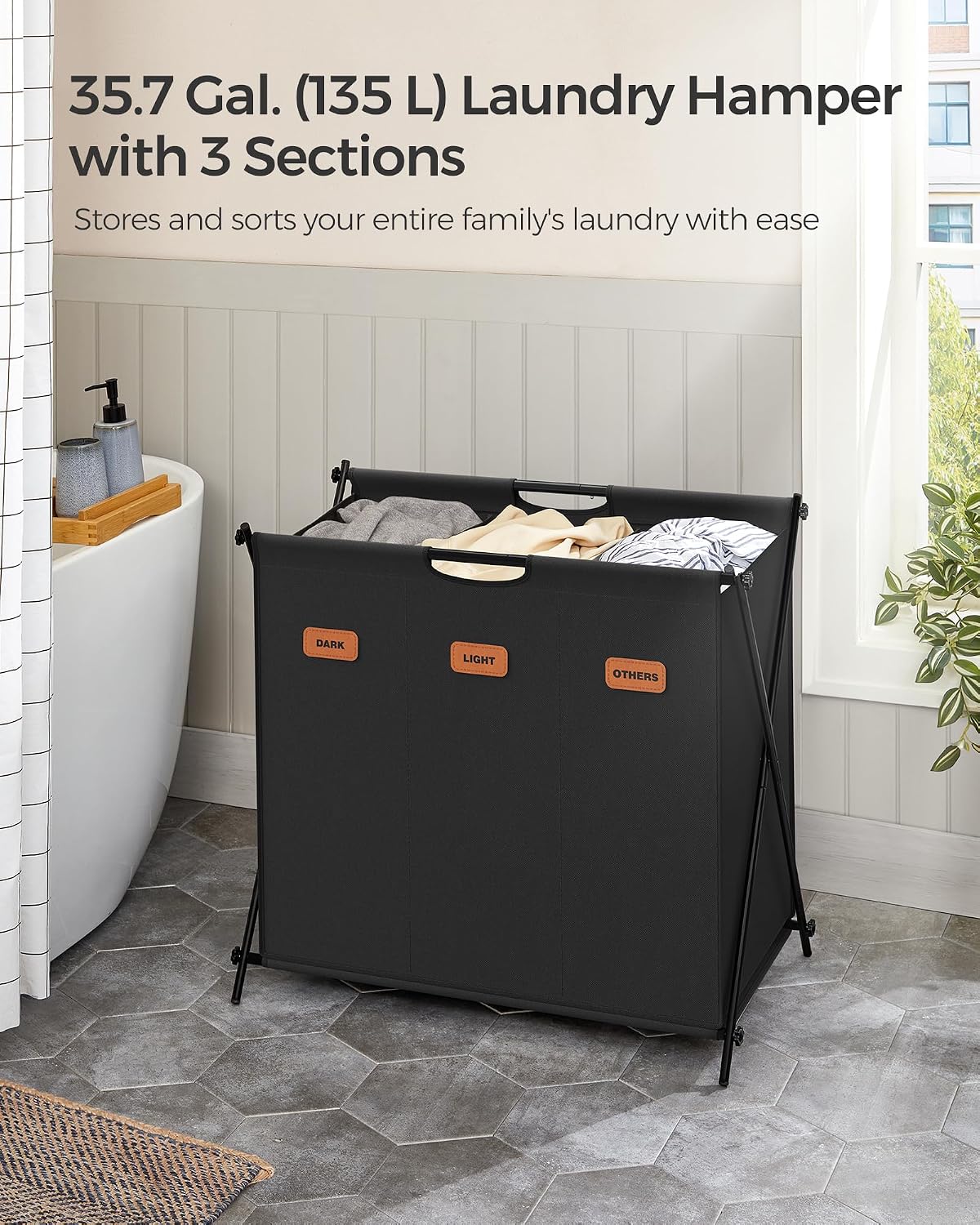 SONGMICS Laundry Hamper, Laundry Basket, 35.7 Gal. Laundry Sorter 3 Sections, Collapsible X-Frame, Clothes Organizer with Customizable Labels, Laundry Room, Bedroom, Bathroom, Slate Gray ULCB130G01