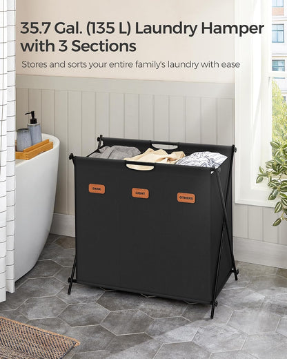 SONGMICS Laundry Hamper, Laundry Basket, 35.7 Gal. Laundry Sorter 3 Sections, Collapsible X-Frame, Clothes Organizer with Customizable Labels, Laundry Room, Bedroom, Bathroom, Slate Gray ULCB130G01