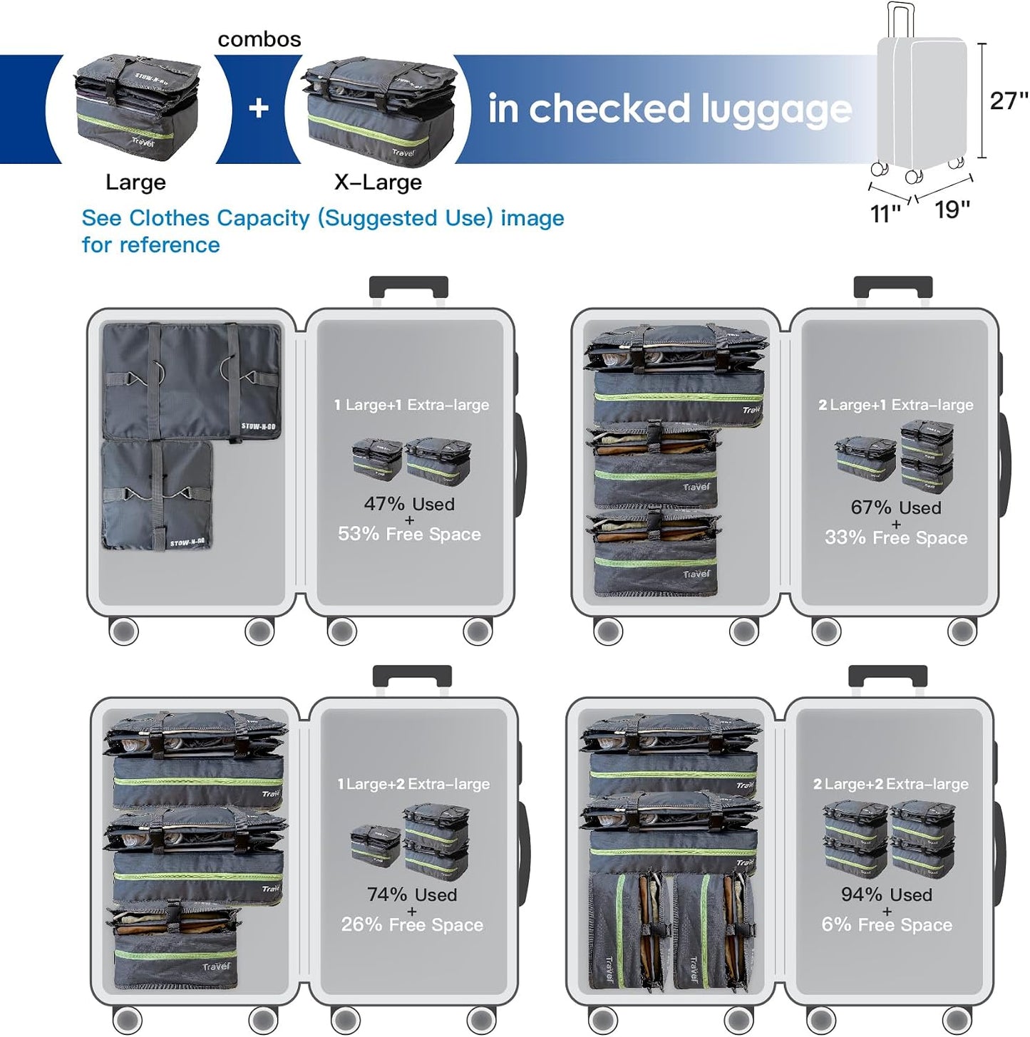 Grand Fusion Stow-N-Go Hanging Travel Shelves, Packing Organizer for Luggage. Carry on Closet for Suitcase. Expandable Packing Cube. Travel Essentials. (Black - L, L = (L) 11.8" x (W) 11.8")