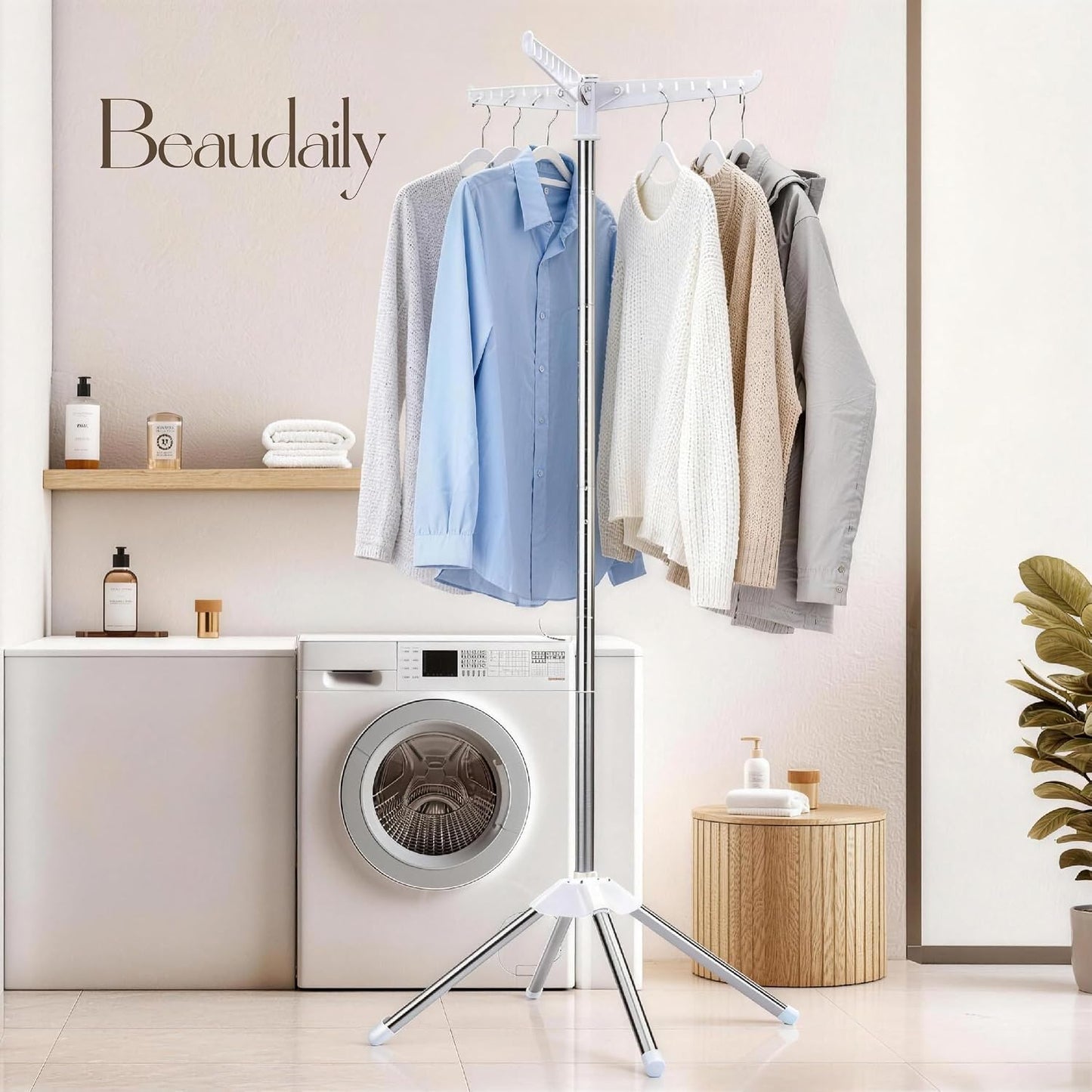Beaudaily Clothes Drying Rack, Foldable 79.5-Inch Laundry Drying Rack,3 Tie, with Rotatable Arms, Stainless Steel, Holds 27 Clothes,8 Towels and 24 Clips for Hanging Socks, White and Silver