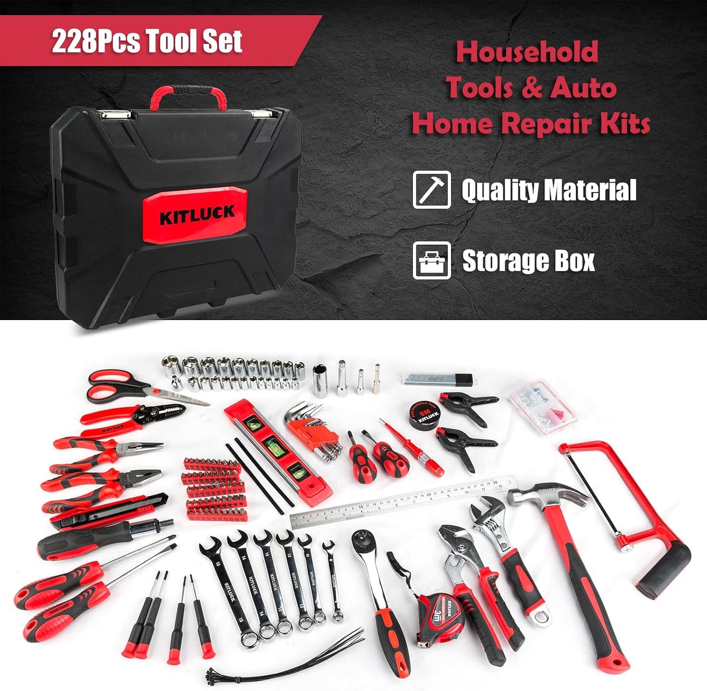 KITLUCK 138-piece Home Tool Kit, Household Hand Repair Tool Set for men, Portable Basic Tool box Set with Tools (Screwdriver, Plier, Wrench, Socket, Harmer, Rule, etc.) for Home and Car