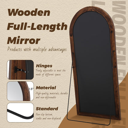 Antok Full Length Mirror with Solid Wood Frame, 71"×32" Wall Mounted Oversized Floor Mirror with Stand, Leaning Standing Hanging for Bedroom Living Room Entryway, Walnut, Arched Syle