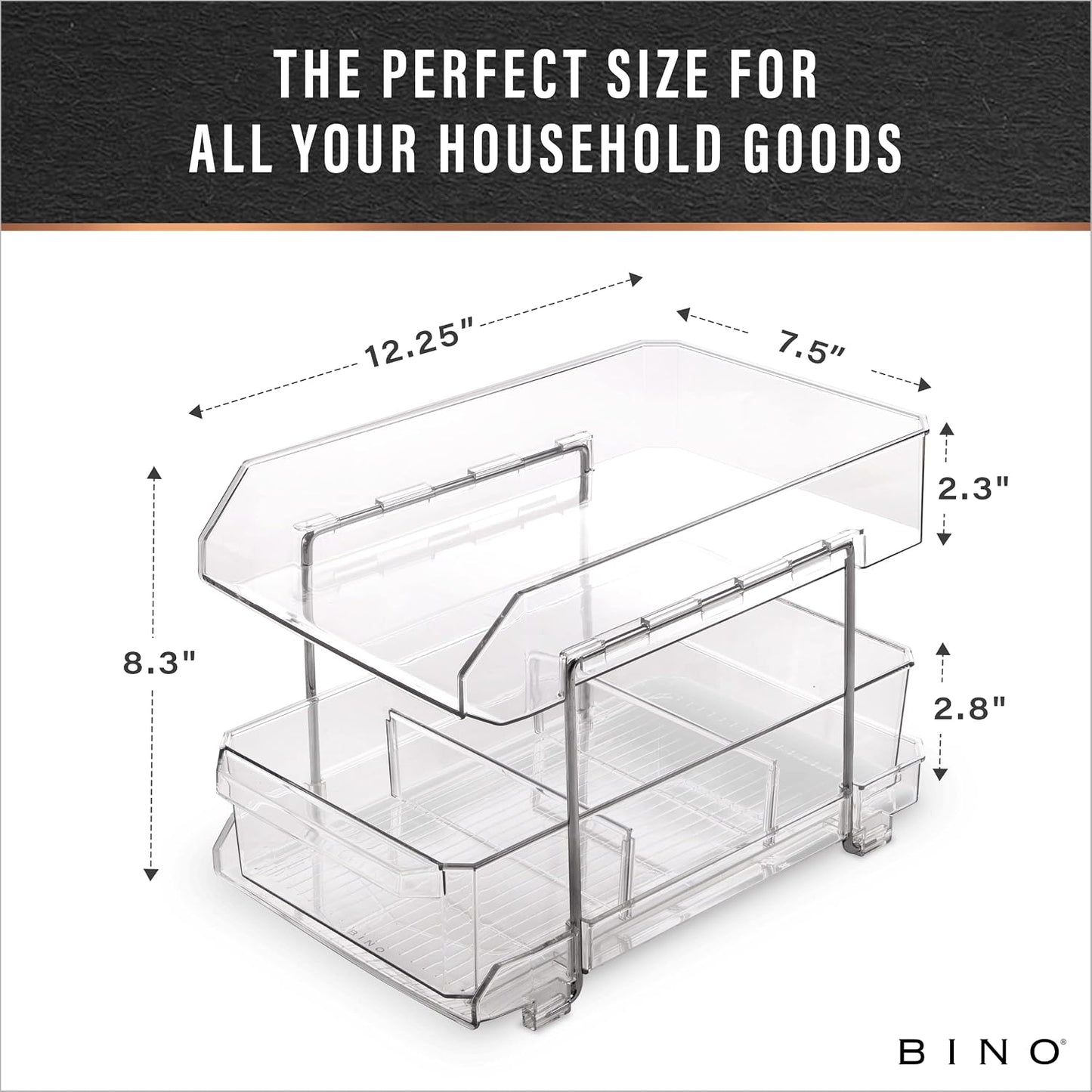 BINO 2 Tier Clear Storage Organizer with Dividers | Slide Out Drawer for Under Sink or Medicine Cabinet | Bathroom Closet, Vanity, Pantry Organizer | Under Cabinet Storage for Bathroom and Kitchen