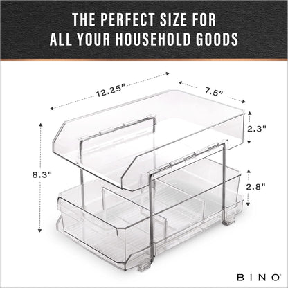 BINO 2 Tier Clear Storage Organizer with Dividers | Slide Out Drawer for Under Sink or Medicine Cabinet | Bathroom Closet, Vanity, Pantry Organizer | Under Cabinet Storage for Bathroom and Kitchen