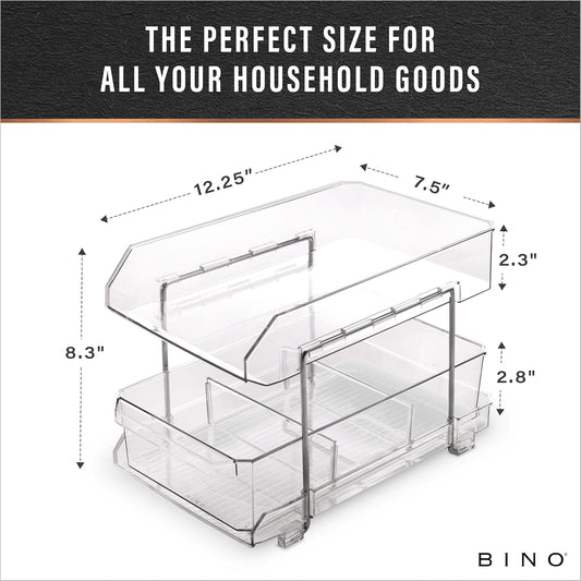 BINO 2 Tier Clear Storage Organizer with Dividers | Slide Out Drawer for Under Sink or Medicine Cabinet | Bathroom Closet, Vanity, Pantry Organizer | Under Cabinet Storage for Bathroom and Kitchen