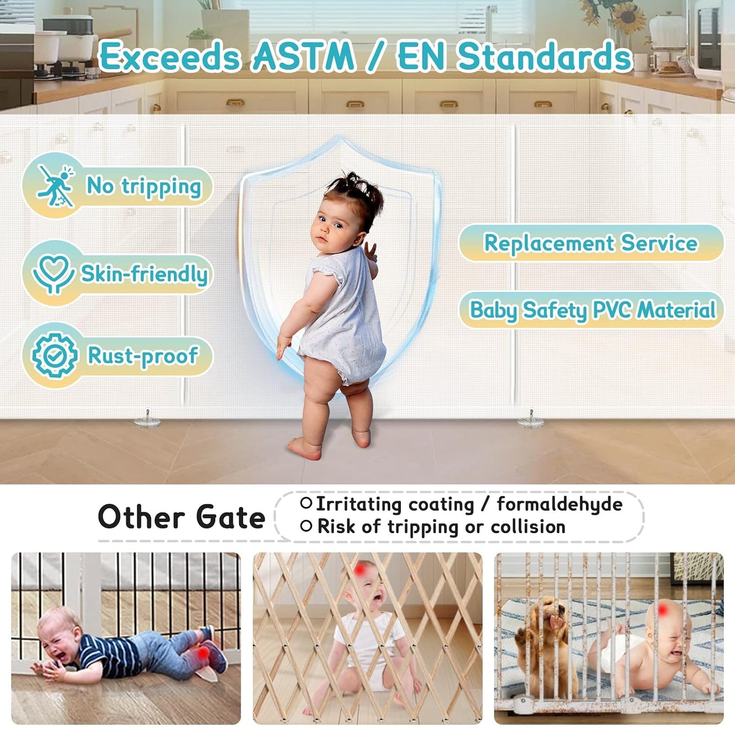 200'' Retractable Baby Gates Extra Wide,34" Tall Retractable Dog Gate for Doorways,Extra Long Retractable Baby Gate for Stairs,Kitchen,Indoor/Outdoor Retractable Gate with Fiberglass Reinforcement Rod