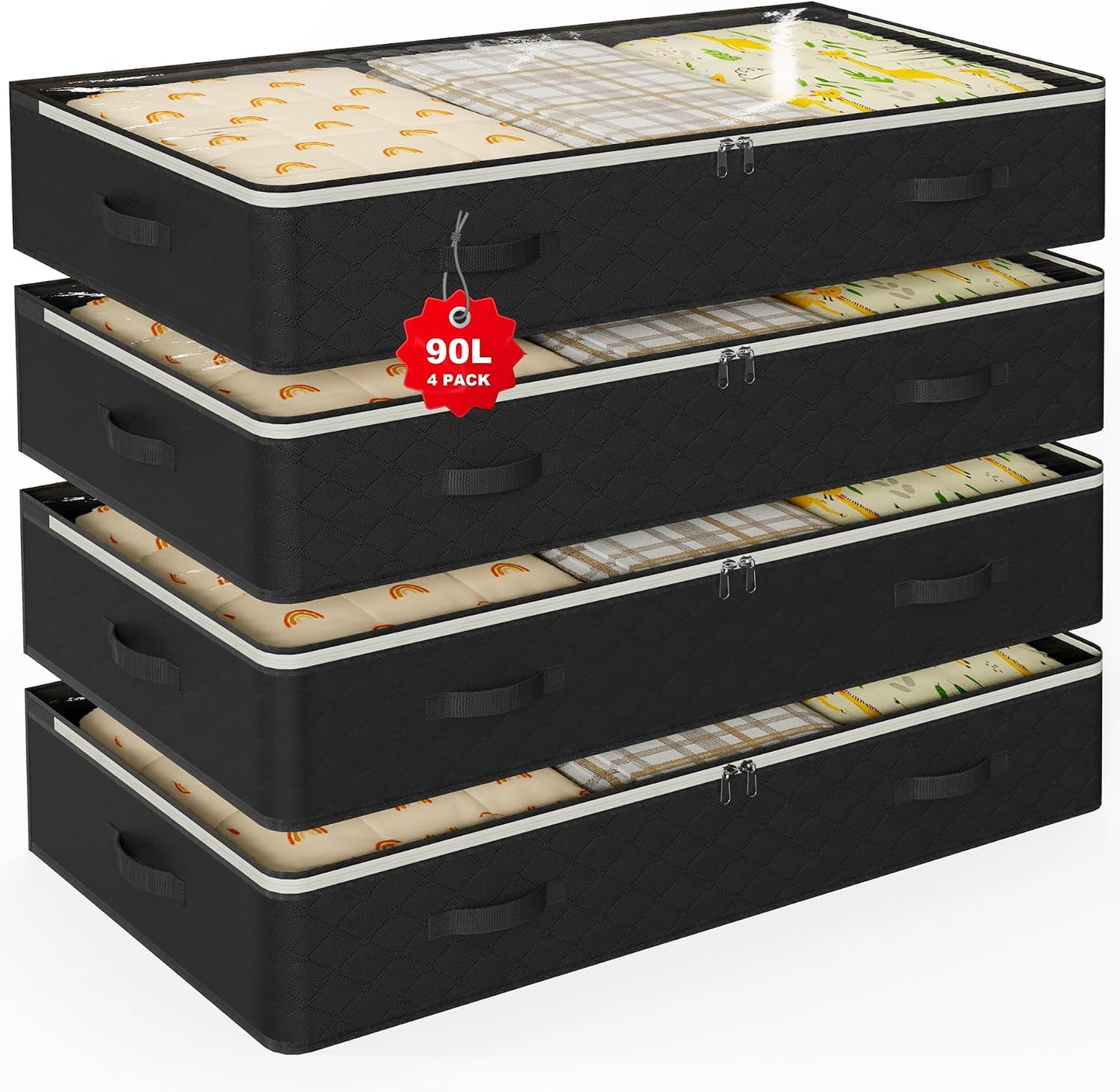 90L Under Bed Storage Containers,4-Pack Closet Organizers and Storage Bins,for Organization and Storage Clothes, Shoes, Blankets & Pillows,Visible Transparent Top Storage Bins with Lids, Grey