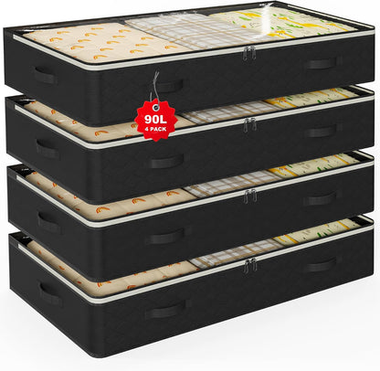 90L Under Bed Storage Containers,4-Pack Closet Organizers and Storage Bins,for Organization and Storage Clothes, Shoes, Blankets & Pillows,Visible Transparent Top Storage Bins with Lids, Grey