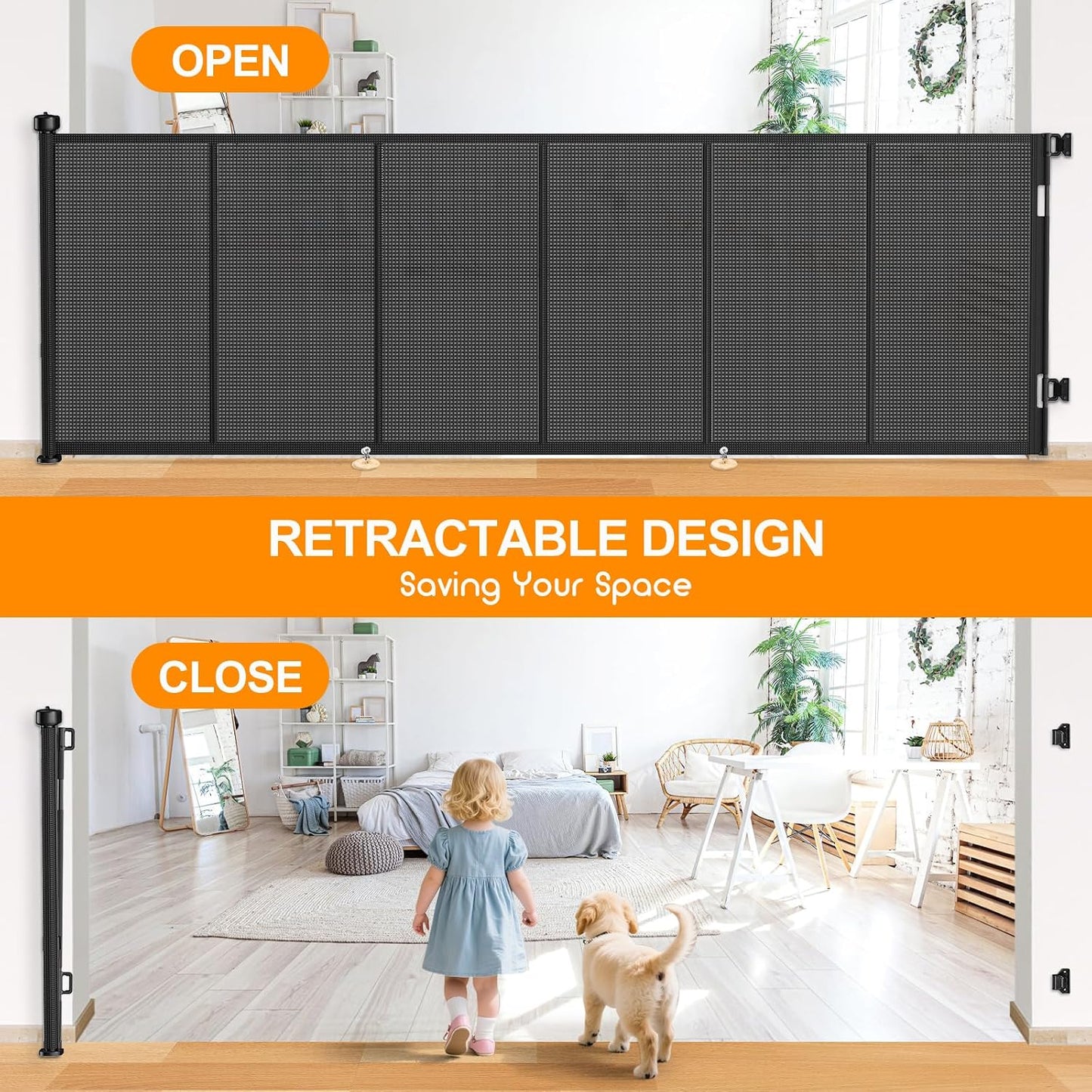 71 inch Retractable Baby Gates, EZIGO Extra Wide Baby Gate for Large Opening Extra Long Mesh Gate for Kids or Pet Dog Gate Child Safety Gate for Stairs Hallways Doorway Indoor Outdoor, Gray