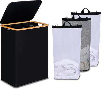 efluky Laundry Hamper with Lid, Trio Laundry Basket with 2 Removable Bags, 3 Section Laundry Bin with Bamboo Handles for Bathroom, Bedroom & Laundry Room, 160L (42.3 Gallon) Beige