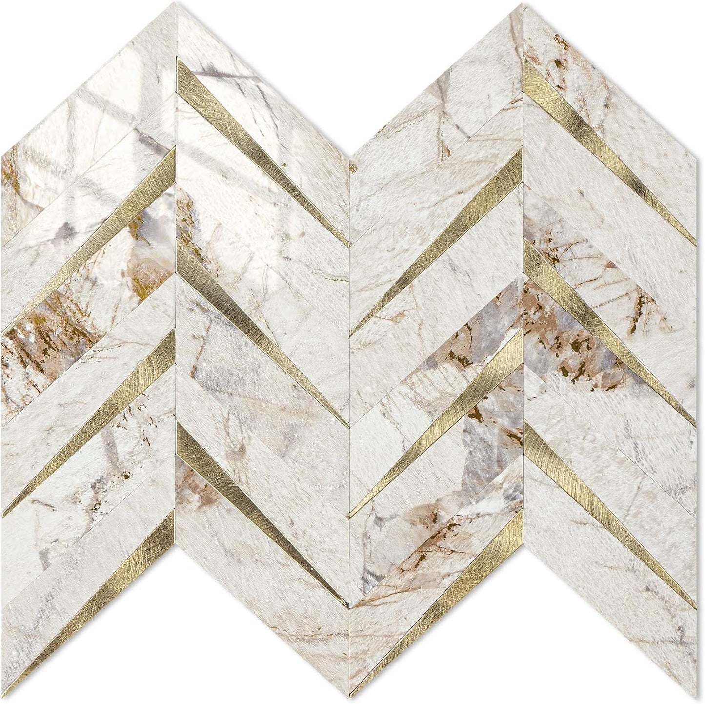 STICKGOO 10-Sheet Herringbone Tile Peel and Stick Backsplash, Beige Mixed Metal Gold PVC Stick on Backsplash, Self Adhesive Wall Tile for Kitchen and Bathroom