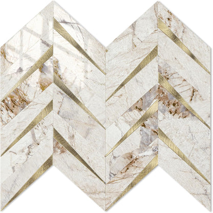 STICKGOO 10-Sheet Herringbone Tile Peel and Stick Backsplash, Beige Mixed Metal Gold PVC Stick on Backsplash, Self Adhesive Wall Tile for Kitchen and Bathroom