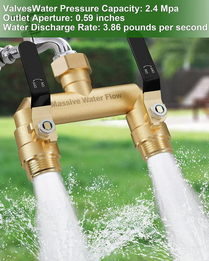 Hose Splitter 2 Way Heavy Duty, Full Flow Garden Hose Splitter with 2 Long Metal Handles, Brass Rust and Freeze Resistant Water Hose Bib Splitter, T Adapter Connector with 3/4 - Inch GHT Thread（Red）
